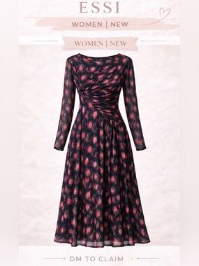 SHEIN Black Long Sleeve Twist-Waist Dress with Pink Floral Print